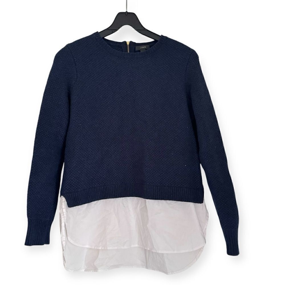 J. Crew Navy Blue White Lambswool Shirttail Crew neck Sweater Top Size Small